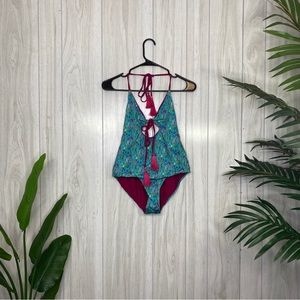 NWT Liberty of London One Piece Swimsuit Keyhole Open Back Tassel size M Medium